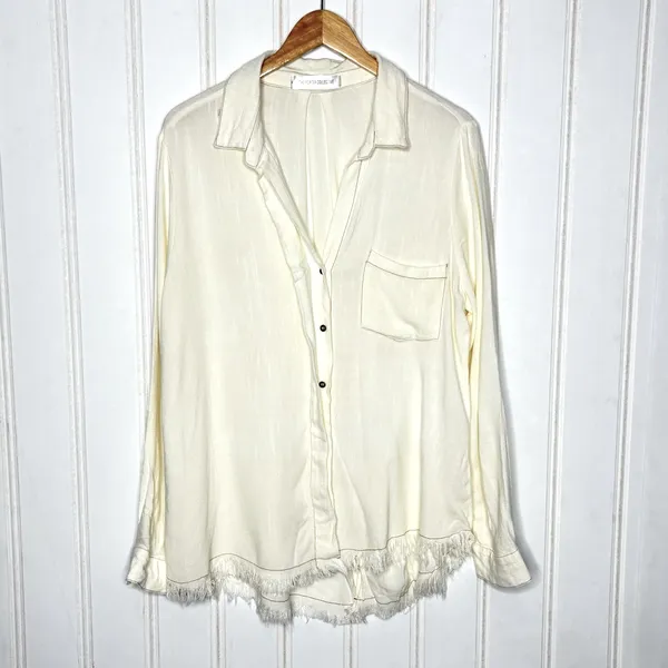 The Porter Collective Off White Cowgirl Frayed Hem Button Up Tunic Shirt 350 - Image 4