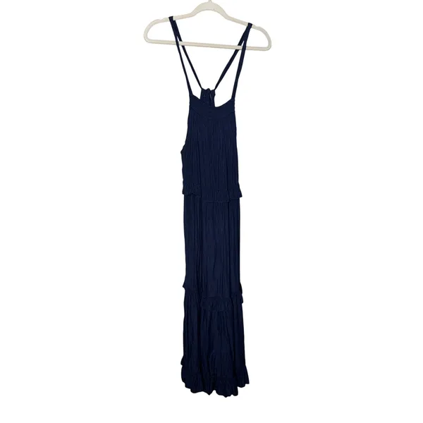 Navy Blue Maxi Halter Dress Boho Tie Back Pockets Size M - Image 3