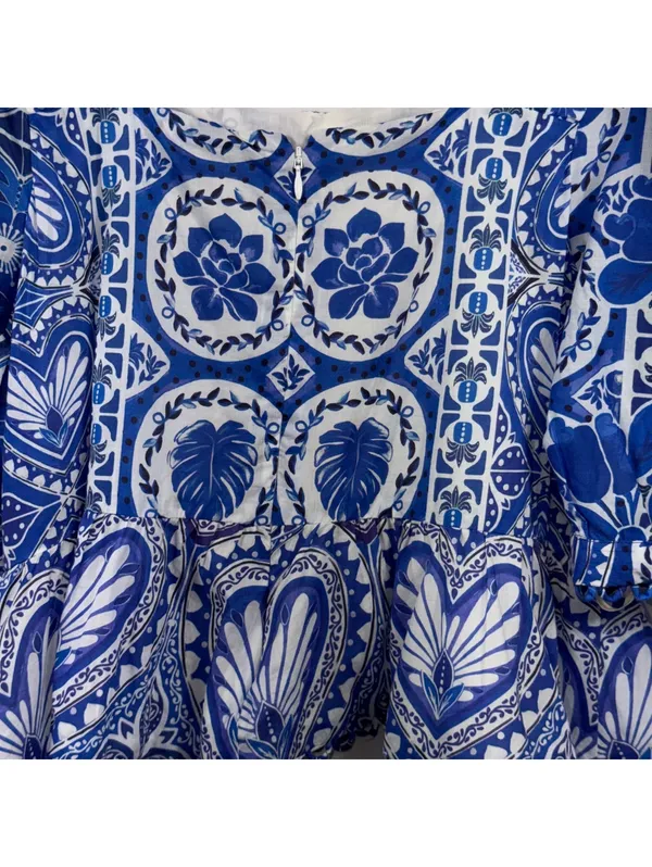 FARM Rio Blue Motif Puff Sleeve Peplum Top XL NWT - Image 10