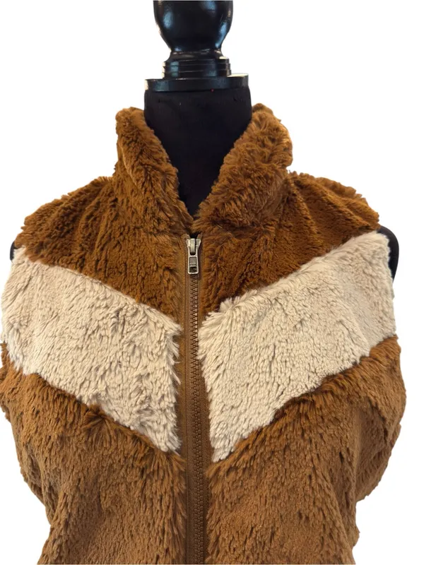 Patagonia High Pile Faux Fur Vest Gorpcore Brown Chevron Full Zip Layering M - Image 5
