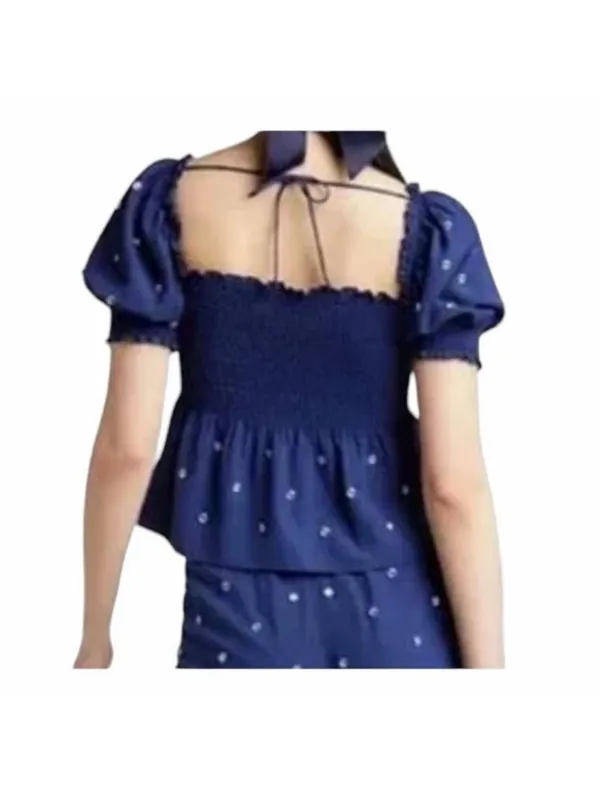 Nwt Hill House Blue Jewel Jammie Smocked front top $160 embellished S summer - Image 2