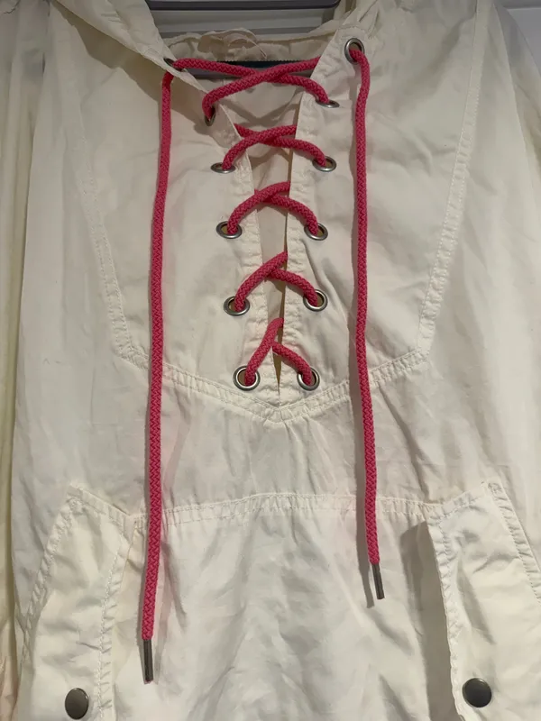 Free People Poplin Pullover Jacket Raincoat M/L White & Pink Hooded Lace Up NWT - Image 4
