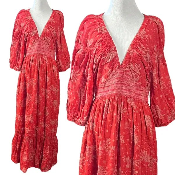 Free People Golden Hour Maxi Dress Cherry Red Medium Bohemian Spring Floral 70s - Image 5