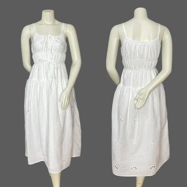 Sim & Sam Eyelet Dress Beachy Seashell Sun Star Nautical White Milkmaid Pockets - Image 4