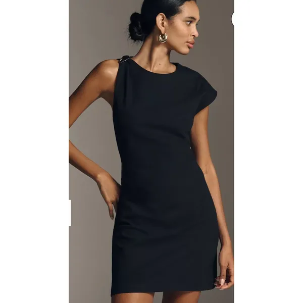 Anthropologie Asymmetrical Mini Dress Black Hardware Detail‎ Large LBD Modernist - Image 4