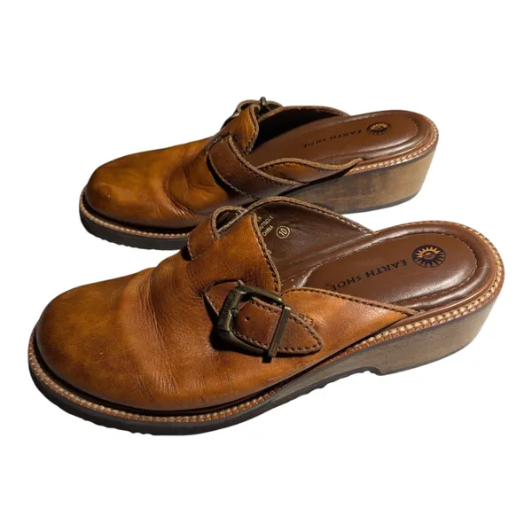 Vtg 1990s Earth Shoe Cognac Brown Leather Wooden Block Heel Clogs Sz 10 - Image 7