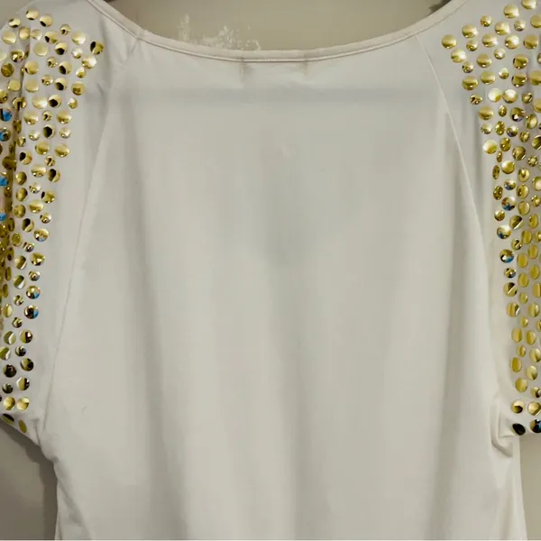 Vintage Baby Phat Y2k white top with gold stud embellished flutter sleeves - Image 9