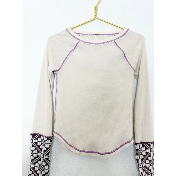 Free People She's Reversible Cuff Thermal Tee Oatmeal Size Small Bohemian - Image 9