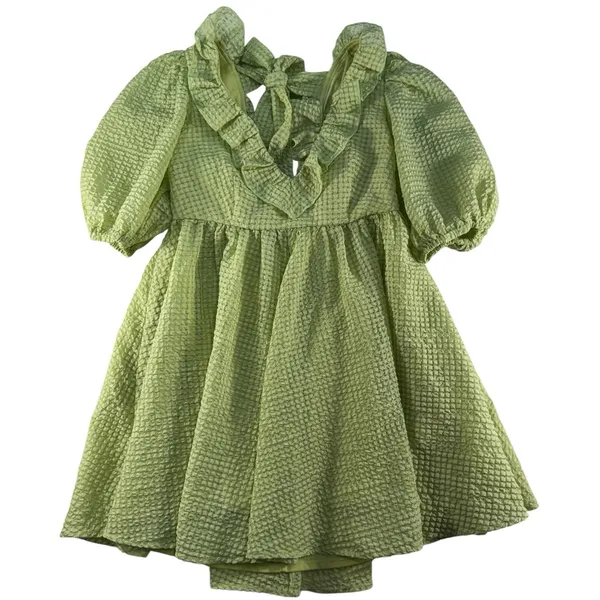 Mable M Medium Babydoll Mini Dress Green Textured Puff Sleeves Pockets‎ Coquette - Image 3