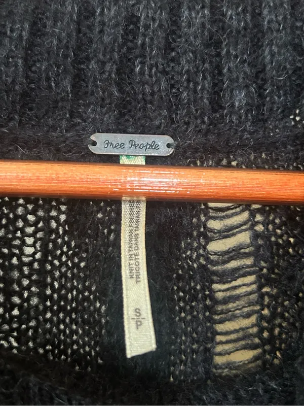 Free People Distressed Cable Knit Turtleneck Sweater Oversized Cowl Black Small‎ - Image 7