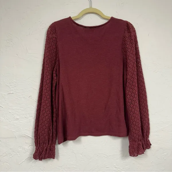 Madewell Texture & Thread Burgundy Knit Puff Sleeve Sweater Womens M Fall Eyelet - Image 11