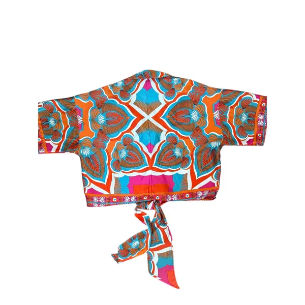 Peach Womens XL Multicolor Geometric Medallion Print Front Tie Crop‎ Top - Image 4