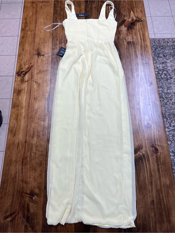 Lulus Glamorous Disposition Light Yellow Ruched Maxi Dress Size Small NWT - Image 9
