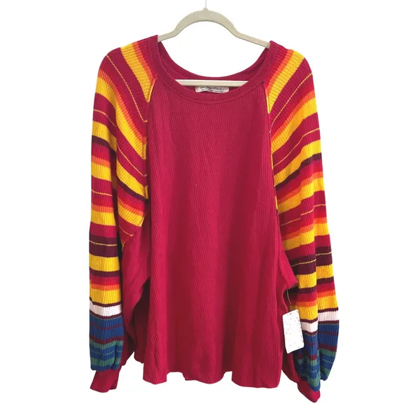 We The Free Found My Friend Rainbow Top Wmn Medium Red Boho Striped Waffle Knit - Image 3