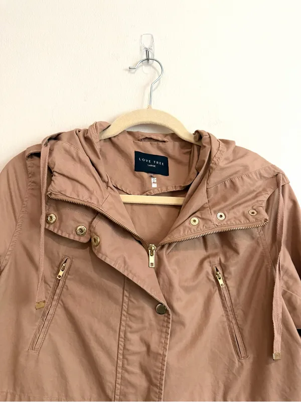 Love Tree Tan Hooded Utility Jacket Field Coat Lightweight 100% Cotton Sz Large - Image 6