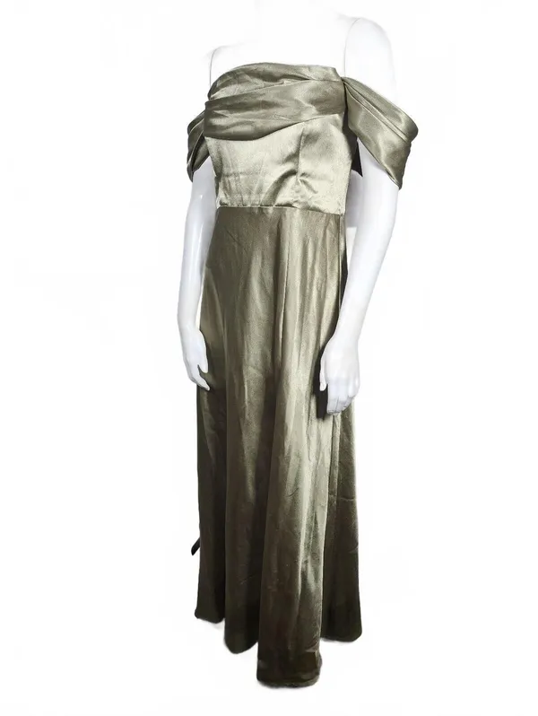 Birdy Grey Mia Moss Green Satin Off-Shoulder Evening Dress with Slit (L) - Image 2