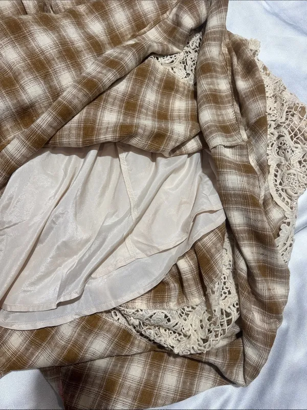 Mia joy Brown Plaid Dress with Cream Lace Yoke - Image 5