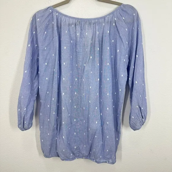 J. Crew Blue Peasant Top Polka Dot Gauzy Tie Neck Tassel‎ 3/4 Puff Sleeve Size M - Image 10