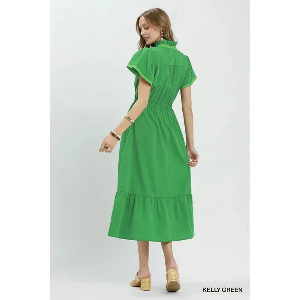 Umgee Contrast Trim‎ Midi Dress with Tiered Ruffle Hem - Kelly Green - Medium - Image 3