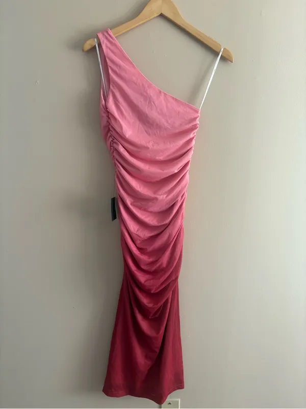 Lulus Beautiful Perception Pink Ombre One-Shoulder Mesh Midi Dress Size Small - Image 5