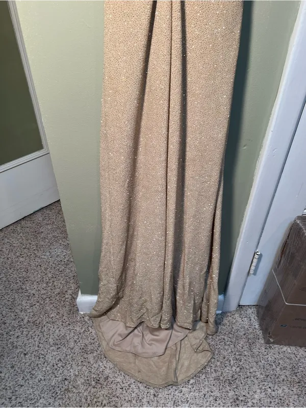 Vintage Bari Jay Women's Maxi Dress Halter V-Neck Cinched Beige‎ Gold Glitter - Image 3
