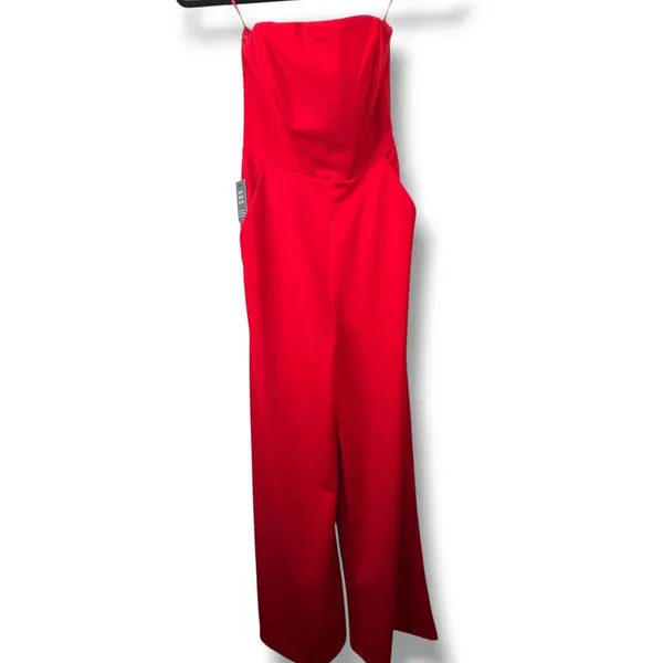 NEW Express Red Crepe Strapless Wide Leg Timeless Stretchy Timeless Jumpsuit XS - Image 3
