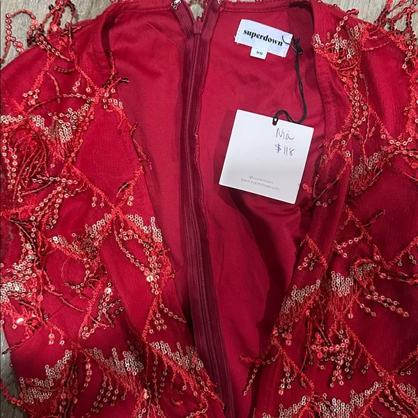 Superdown Vibrant Red Sequin Dress very low v neck - Image 3