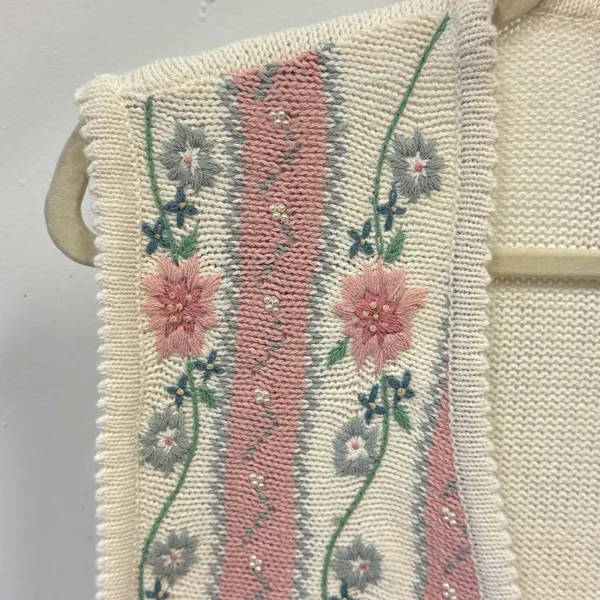 Lucia Vintage Floral Embroidered Crochet Knit Button Vest Sweater Large Pearls - Image 5