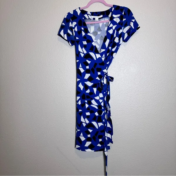 Diane Von Furstenberg Blue Mini Wrap Dress Womens 4 Cotton Silk Geometric Print - Image 12