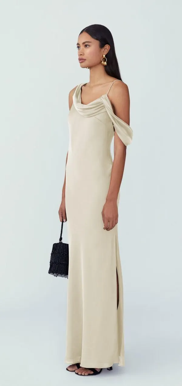 Fame and Partners NWT Francois Matte Satin Maxi Dress In Champagne - Image 2