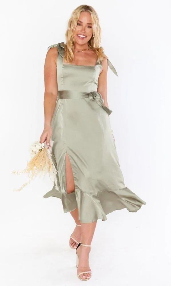 SHOW ME YOUR MUMU Claire Midi Dress In Moss Green Luxe Satin - Image 4