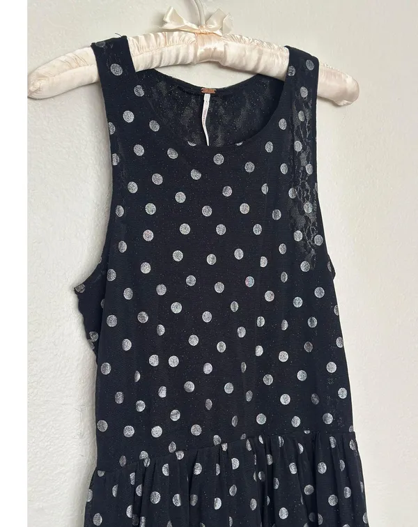 FREE PEOPLE Sheer Lace Metallic Drop Waist Black White Polka Dot Mini Dress - Image 3