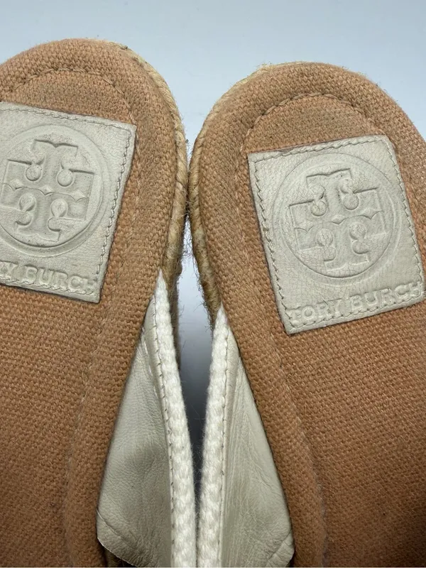 Tory Burch Kristen Espadrille Wedge Sandals Cream Canvas Gold Logo Women’s 10 - Image 6