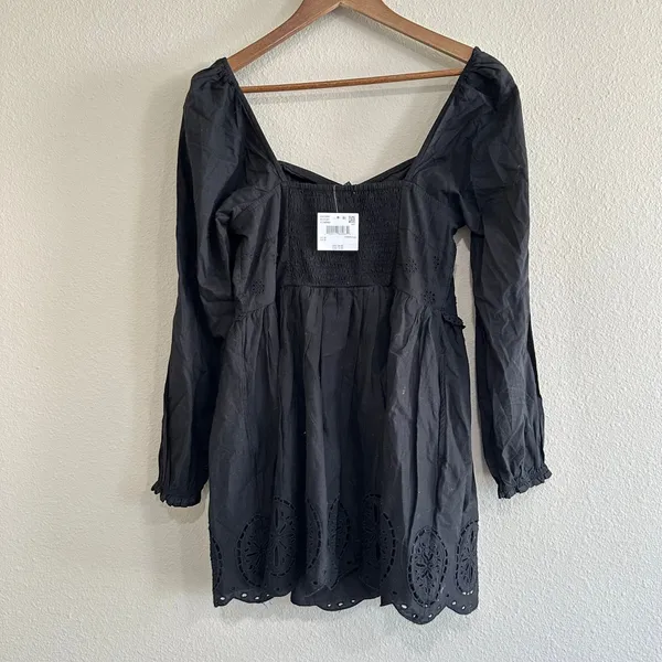 American Eagle Black Eyelet Mini Dress Long Sleeve Smocked Sweetheart Medium NWT - Image 2