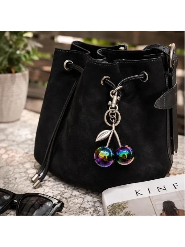 NEW Oil Slick Cherry Charm Keychain Brushed Silver Multicolor NWT Purple - Image 2
