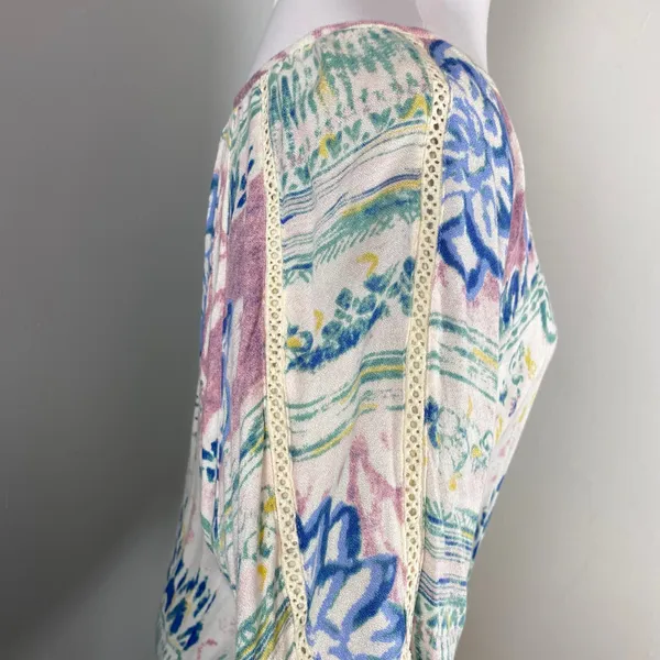 O'Neill Pastel Watercolor Floral Tie Front Boho Scoop Neck Peasant Blouse XL - Image 7
