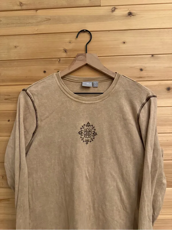 Vintage Y2K Large Tan Acid Wash Long Sleeve Cotton Bedazzled Shirt - Image 2