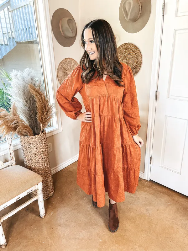 Umgee Floral Detail Tiered Collared V-Neck Midi Dress Rust / Burnt Orange - Image 3