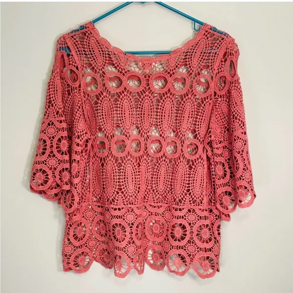 Umgee Pink coral crochet Lace boho top Blouse! Size small! - Image 6