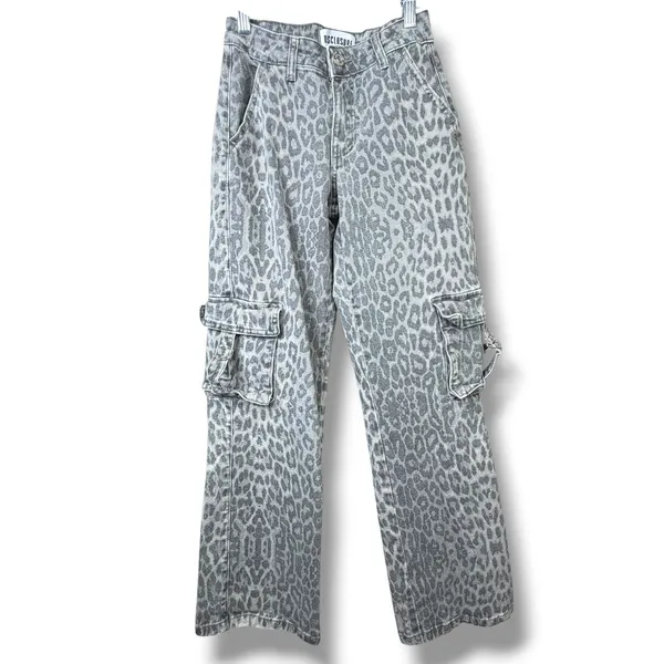 DISCLOSURE Gray Leopard Print Mid-Rise Cargo Utility Pants Straight Leg Jeans - Image 2
