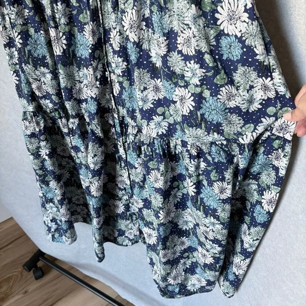 Paul & Joe x Uniqlo Navy Blue Floral Button-Down Puff Sleeve Tiered Dress - Image 5