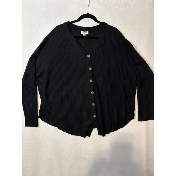 Umgee Black‎ Waffle Knit Cardigan Button Front Oversized V-Neck Sweater M - Image 3
