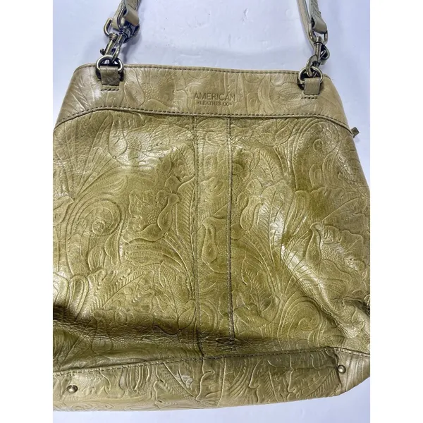 American Leather Co. Olive Green Tooled Genuine Leather Hobo Shoulder Bag - Image 2