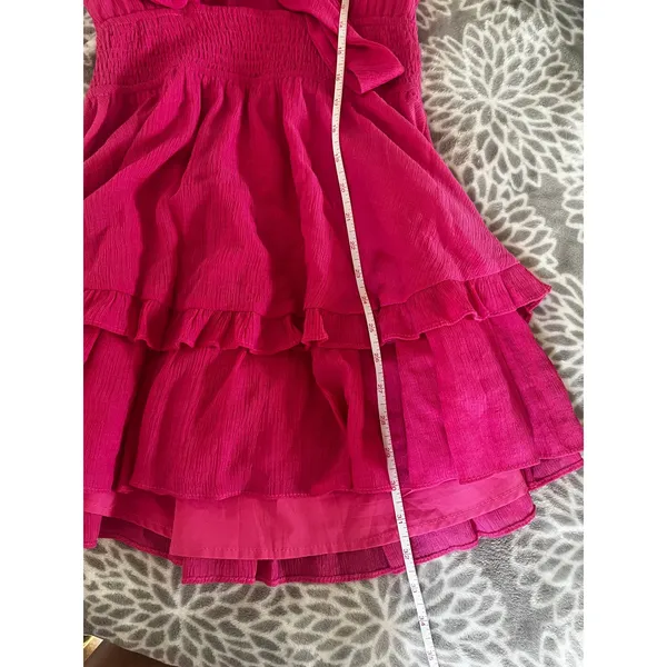 Hello Molly Pink Tiered Ruffle Mini Dress Small Tie Front Smocked Boho Romantic - Image 7