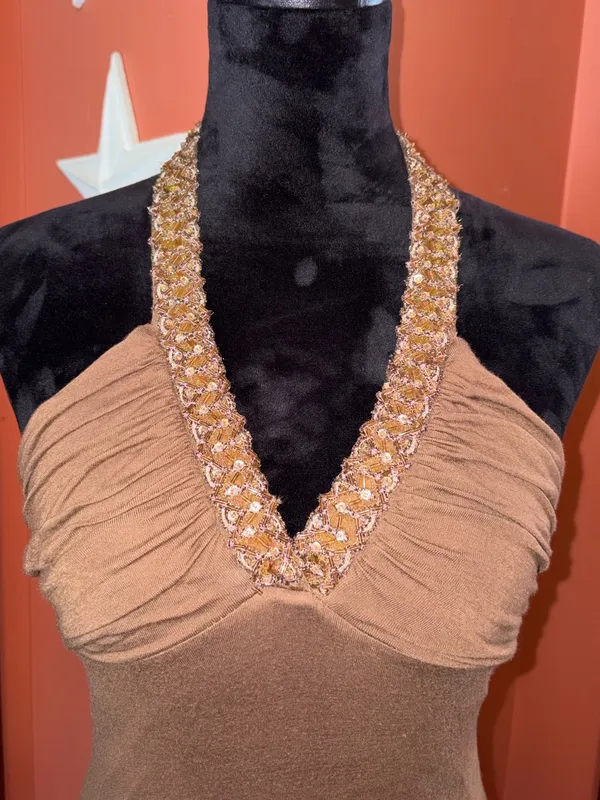 Vintage Y2K To The Max V-Neck Brown Halter Dress with Beaded + Sequin Trim - Image 2