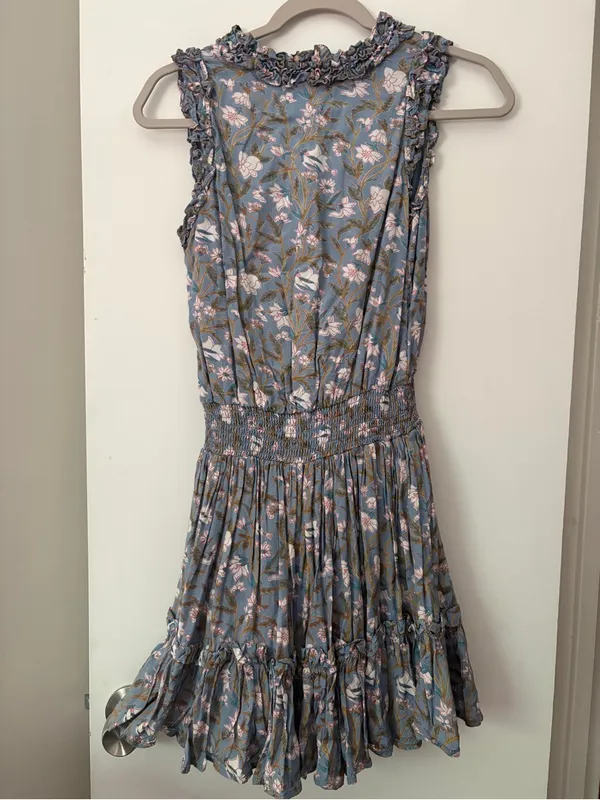 Anna Cate Dusty Blue Floral V-Neck Smocked Waist Sleeveless Dress - Image 4