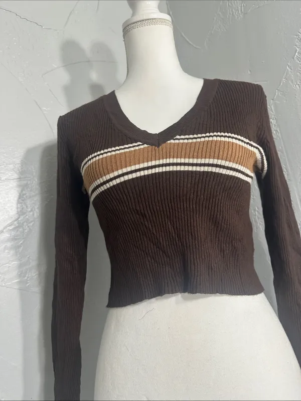 Garage Brown V-Neck Stripe Sweater - Image 7