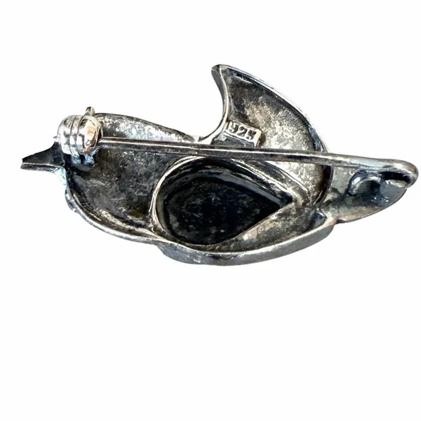 Vintage 925 Sterling Silver Black Onyx Marcasite Bird Brooch - Image 5