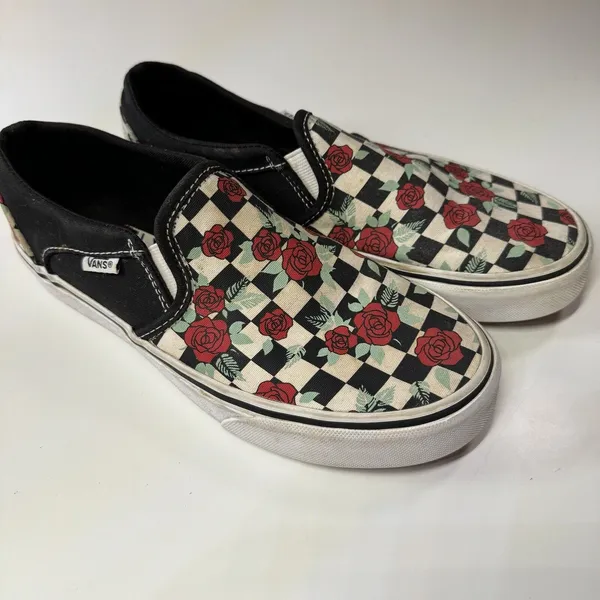 Vans Classic Slip-On Rose Checkerboard Canvas Sneakers Women 6.5 Floral - Image 2