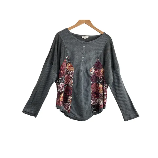 UMGEE USA Gray Waffle Knit Floral Patchwork Button Front‎ Tunic Top XL - Image 7